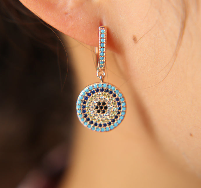 colorful stone round disco evil eye charm fashion 925 silver jewelry for women